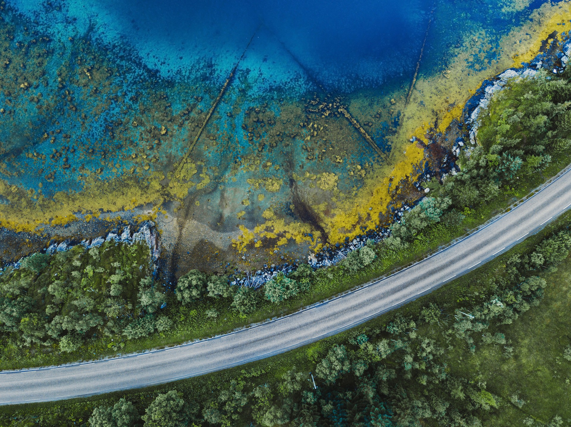 beautiful aerial landscape, road near water in Norway