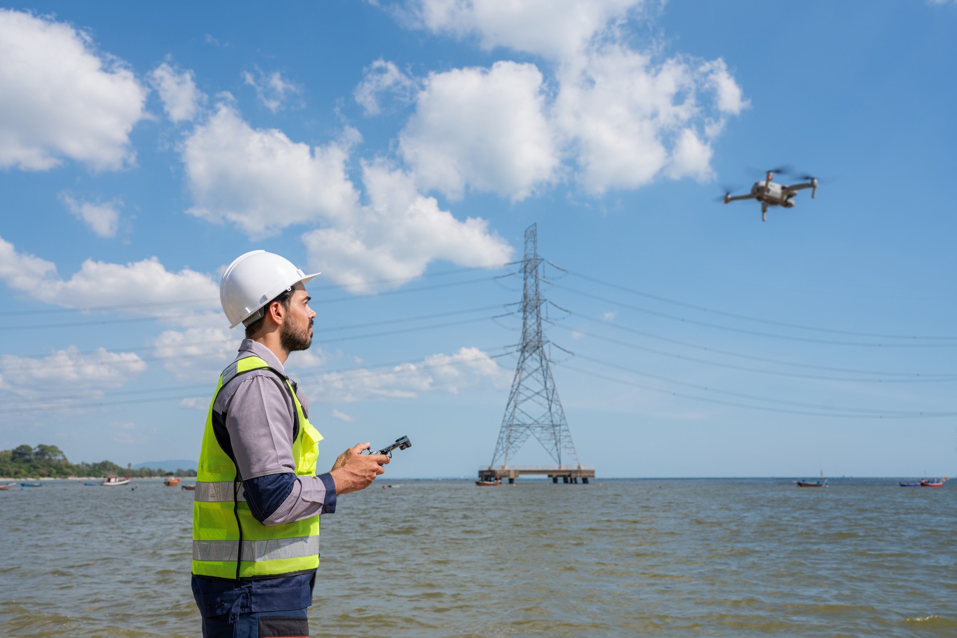 Engineer Specialists Pilot Drone on Construction Site.